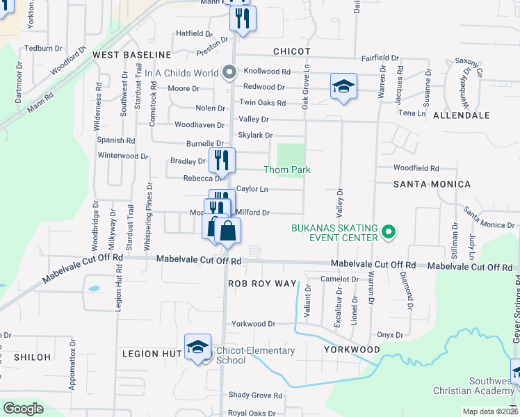 map of restaurants, bars, coffee shops, grocery stores, and more near 7326 Milford Drive in Little Rock