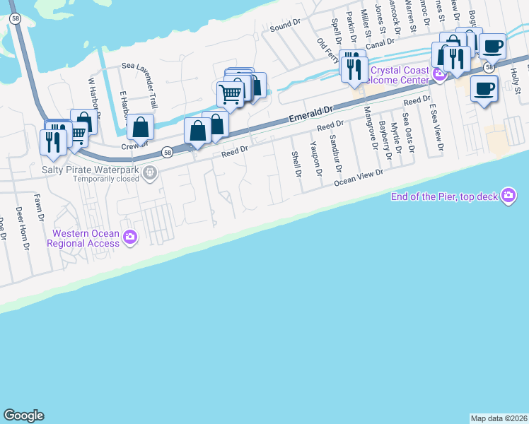 map of restaurants, bars, coffee shops, grocery stores, and more near 131 Heverly Dr in Emerald Isle