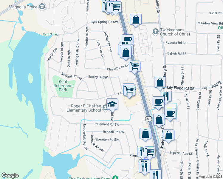 map of restaurants, bars, coffee shops, grocery stores, and more near 7816 Milton Street Southwest in Huntsville