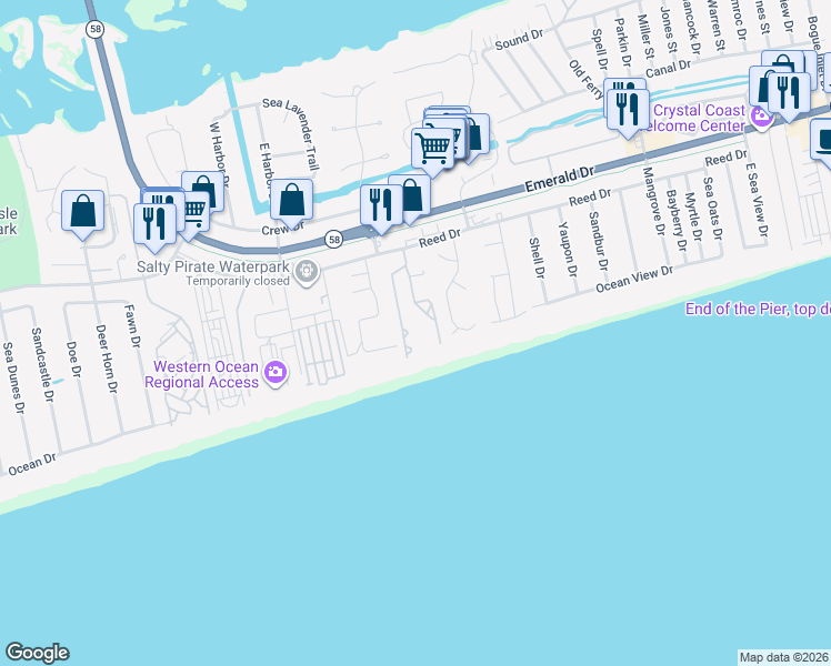map of restaurants, bars, coffee shops, grocery stores, and more near 8801 Reed Drive in Emerald Isle