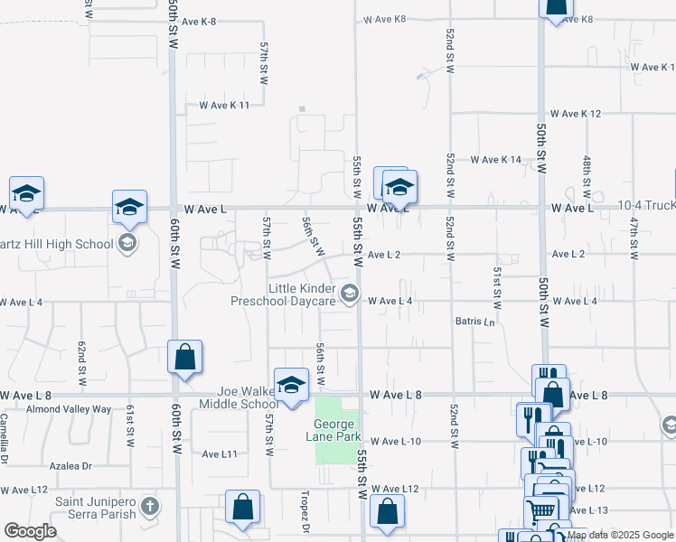 map of restaurants, bars, coffee shops, grocery stores, and more near 5517 Harmony Lane in Lancaster
