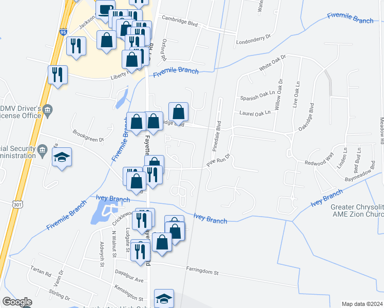 map of restaurants, bars, coffee shops, grocery stores, and more near 2198 Wyndam Boulevard in Lumberton