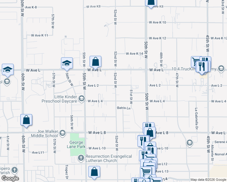 map of restaurants, bars, coffee shops, grocery stores, and more near 42643 52nd Street West in Lancaster