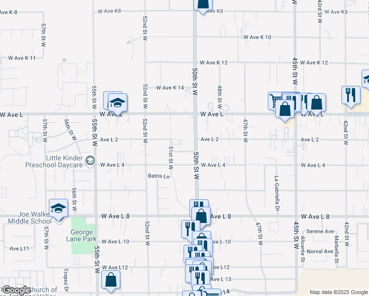 map of restaurants, bars, coffee shops, grocery stores, and more near 5021 West Avenue L 3 in Lancaster