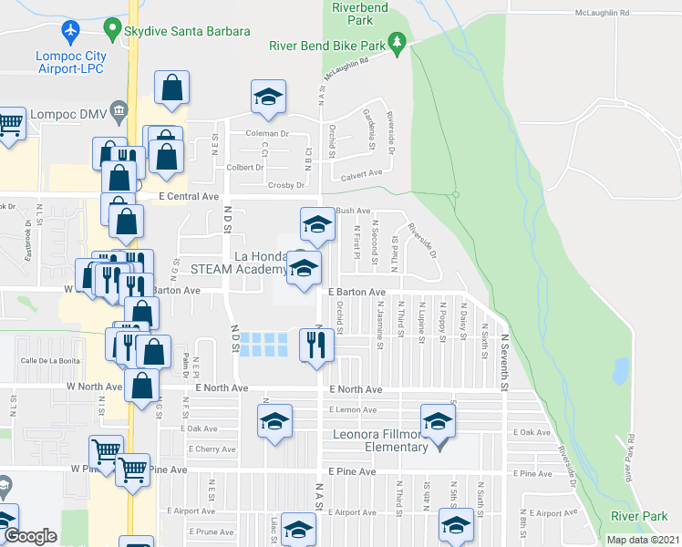 map of restaurants, bars, coffee shops, grocery stores, and more near 901 Bell Avenue in Lompoc