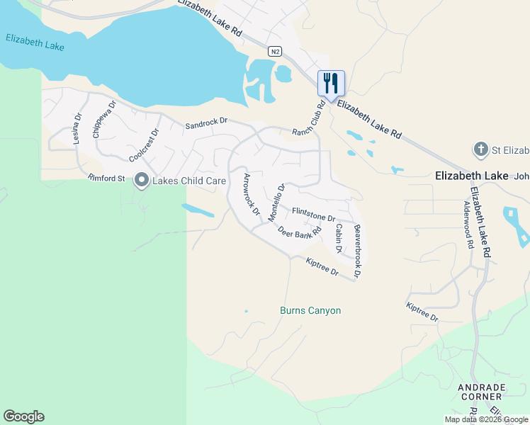 map of restaurants, bars, coffee shops, grocery stores, and more near Arrowrock Drive in Elizabeth Lake