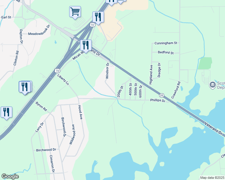 map of restaurants, bars, coffee shops, grocery stores, and more near 1612 Phillips Drive in Scottsboro