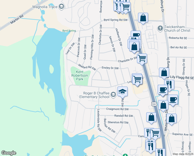 map of restaurants, bars, coffee shops, grocery stores, and more near 7603 Ensley Drive Southwest in Huntsville