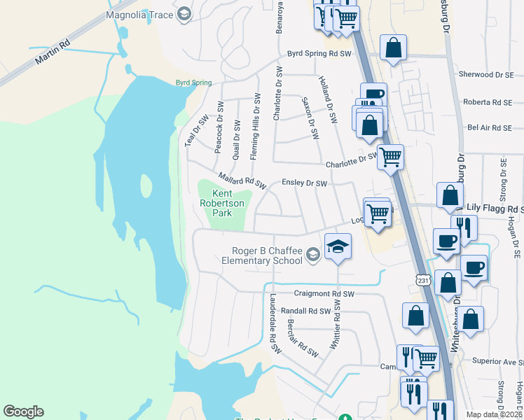 map of restaurants, bars, coffee shops, grocery stores, and more near 7603 Ensley Drive Southwest in Huntsville