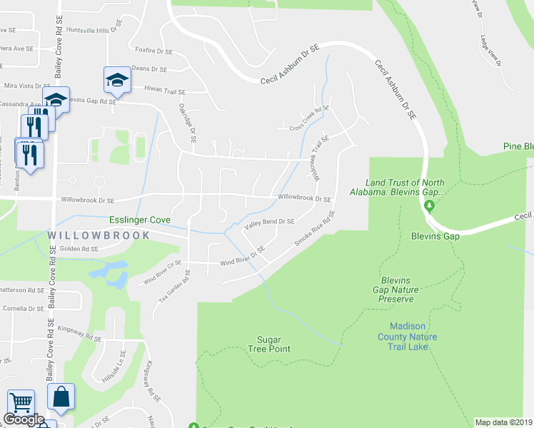 map of restaurants, bars, coffee shops, grocery stores, and more near 7910 Valley Bend Drive Southeast in Huntsville