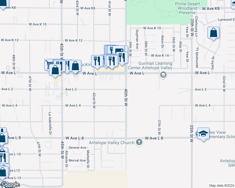 map of restaurants, bars, coffee shops, grocery stores, and more near 4030 Avenue L 2 in Quartz Hill