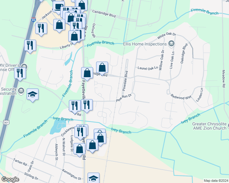 map of restaurants, bars, coffee shops, grocery stores, and more near 2110 Wyndam Boulevard in Lumberton