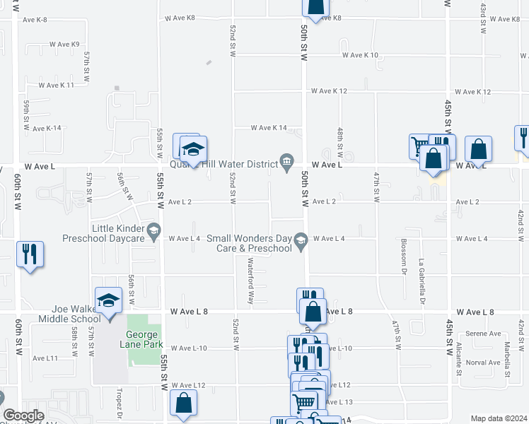 map of restaurants, bars, coffee shops, grocery stores, and more near 42647 51st Street West in Lancaster