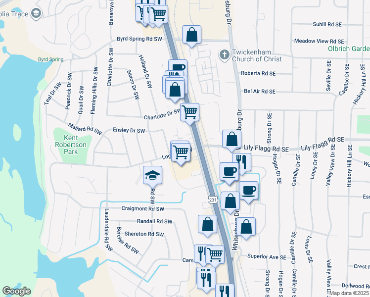 map of restaurants, bars, coffee shops, grocery stores, and more near 7916 Logan Drive Southwest in Huntsville