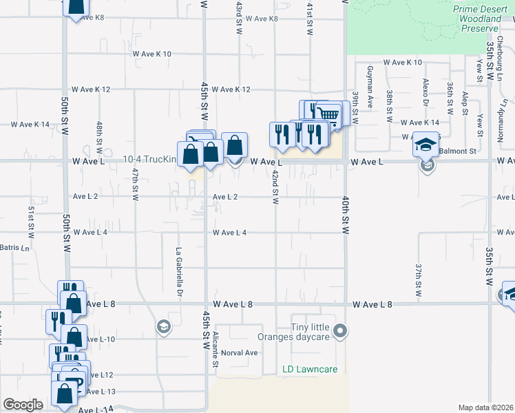 map of restaurants, bars, coffee shops, grocery stores, and more near Avenue L-2 in Lancaster