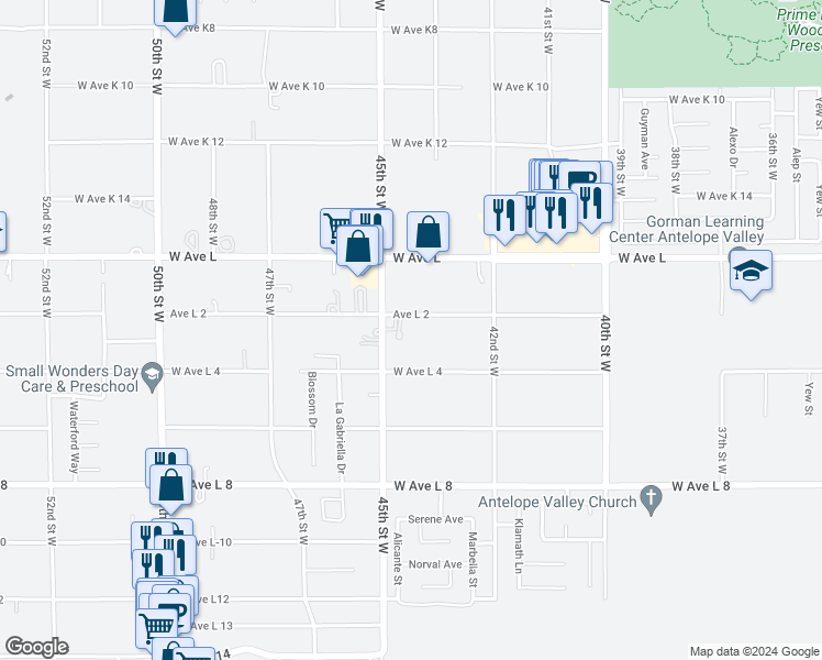 map of restaurants, bars, coffee shops, grocery stores, and more near 4330 West Avenue L-2 in Lancaster