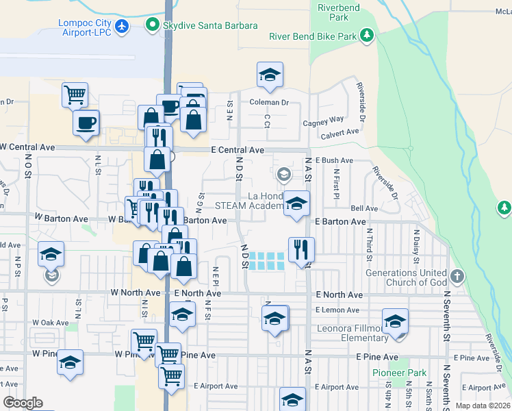 map of restaurants, bars, coffee shops, grocery stores, and more near 1212 North C Street in Lompoc