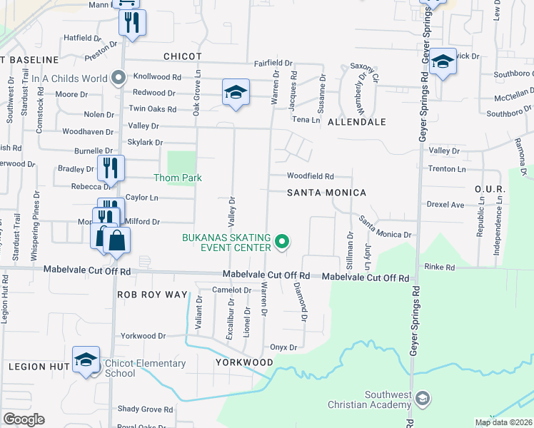map of restaurants, bars, coffee shops, grocery stores, and more near 2 Warren Drive in Little Rock