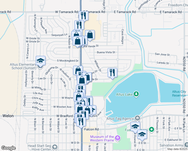map of restaurants, bars, coffee shops, grocery stores, and more near 1901 Sumner Drive in Altus