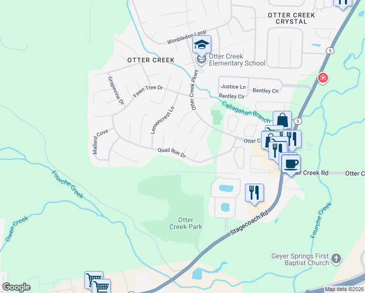 map of restaurants, bars, coffee shops, grocery stores, and more near 16018 Quail Run Drive in Little Rock