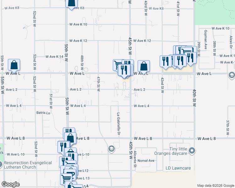 map of restaurants, bars, coffee shops, grocery stores, and more near 4550 West Avenue L-2 in Lancaster