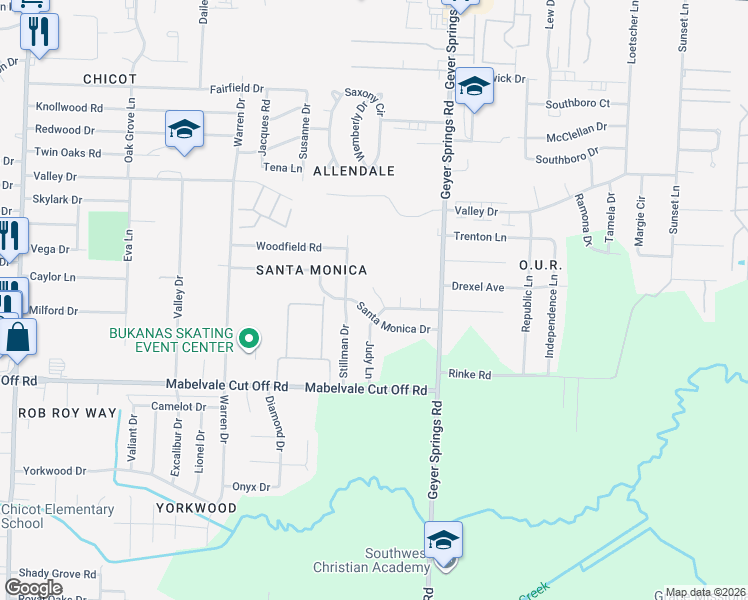 map of restaurants, bars, coffee shops, grocery stores, and more near 10116 Palo Alto Drive in Little Rock