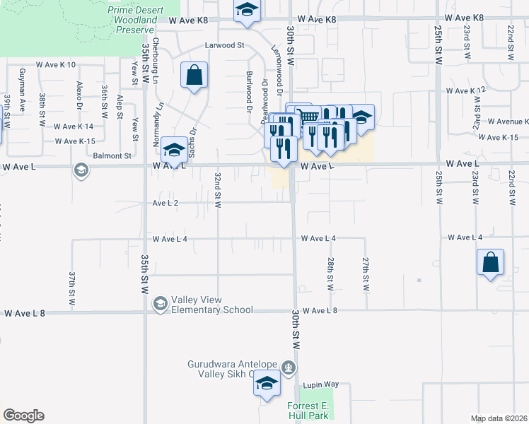 map of restaurants, bars, coffee shops, grocery stores, and more near Avenue L-2 in Lancaster