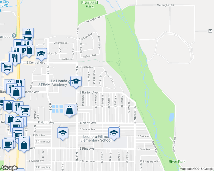 map of restaurants, bars, coffee shops, grocery stores, and more near 1107 Bell Avenue in Lompoc