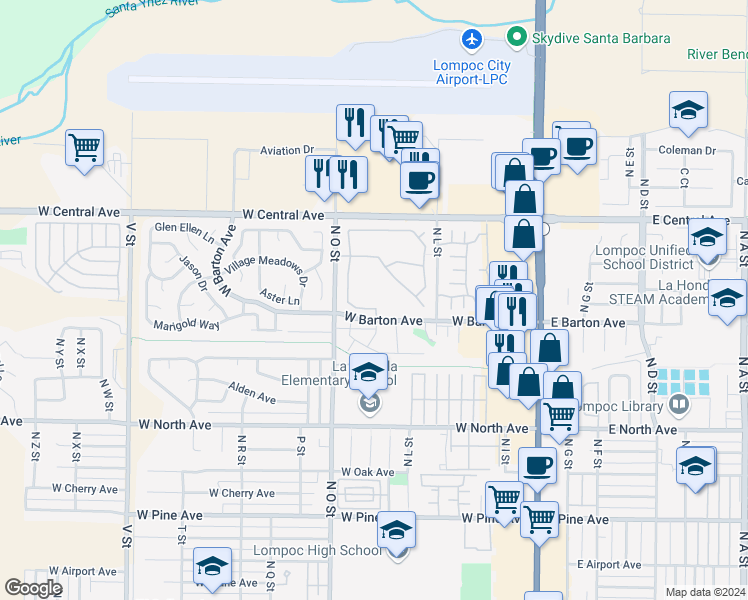 map of restaurants, bars, coffee shops, grocery stores, and more near 629 Southbrook Drive in Lompoc