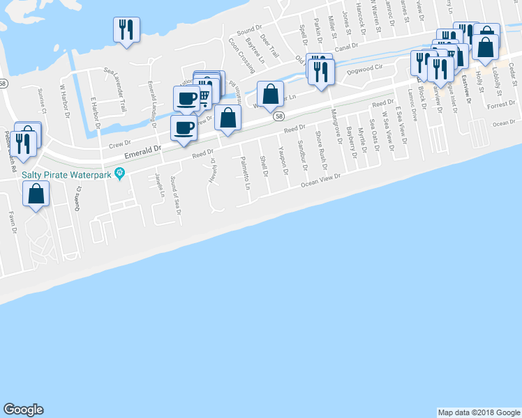 map of restaurants, bars, coffee shops, grocery stores, and more near 8713 Ocean View Drive in Emerald Isle