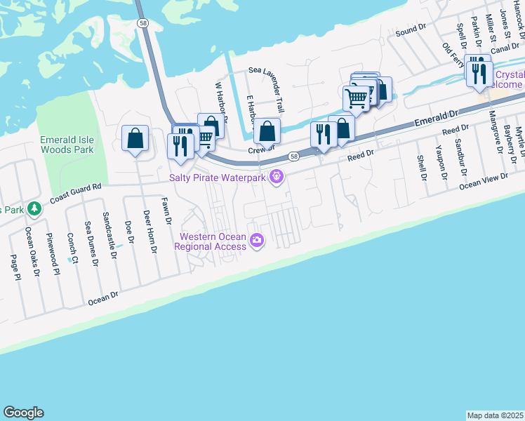 map of restaurants, bars, coffee shops, grocery stores, and more near 201 Islander Drive in Emerald Isle