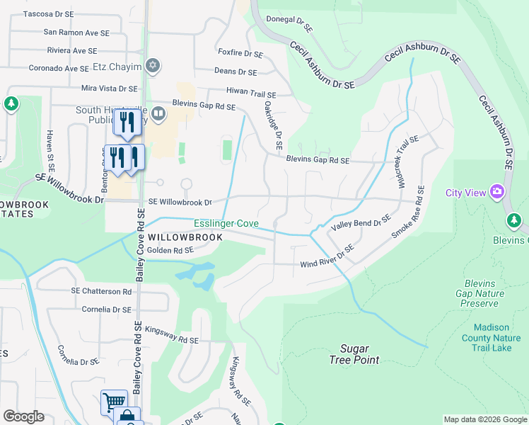 map of restaurants, bars, coffee shops, grocery stores, and more near 7910 Tea Garden Road Southeast in Huntsville