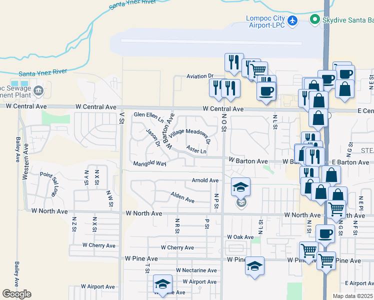 map of restaurants, bars, coffee shops, grocery stores, and more near 1116 Marigold Way in Lompoc