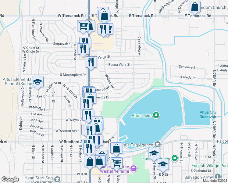 map of restaurants, bars, coffee shops, grocery stores, and more near 301 Lakeside Drive in Altus