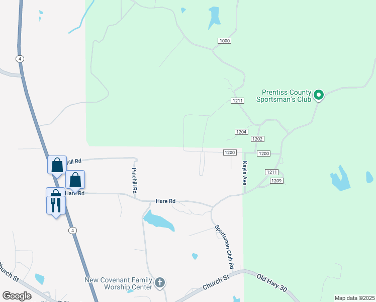 map of restaurants, bars, coffee shops, grocery stores, and more near County Road 1200 in Booneville