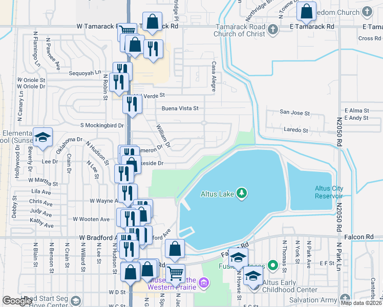 map of restaurants, bars, coffee shops, grocery stores, and more near 340 Lakeside Drive in Altus