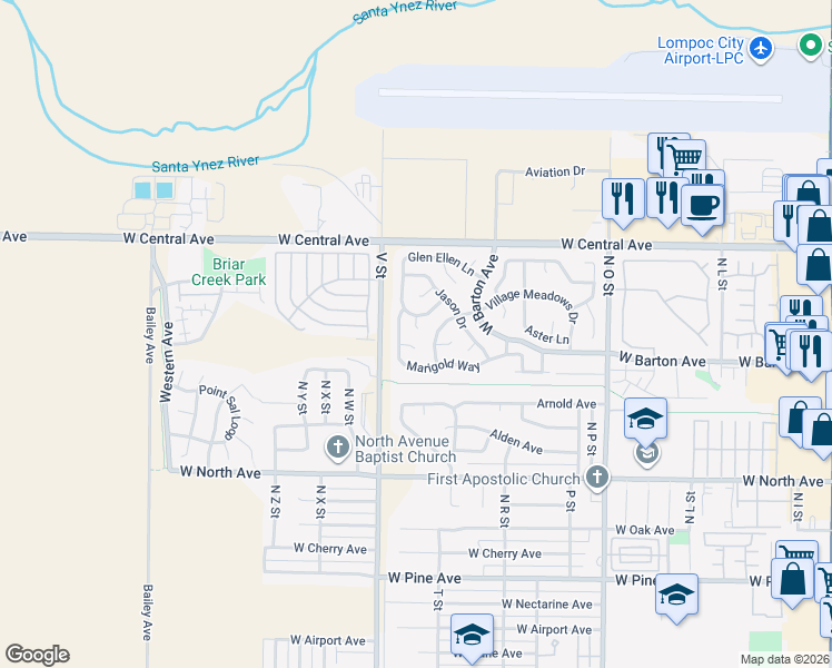 map of restaurants, bars, coffee shops, grocery stores, and more near 1341 Lloyd Place in Lompoc
