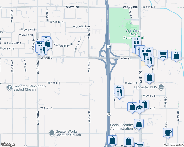 map of restaurants, bars, coffee shops, grocery stores, and more near 42652 15th Street West in Lancaster