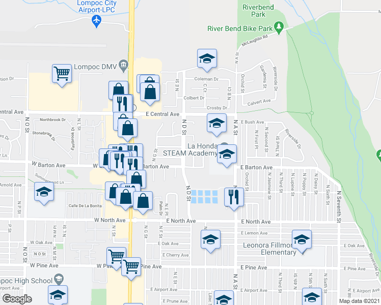 map of restaurants, bars, coffee shops, grocery stores, and more near 1217 North C Street in Lompoc