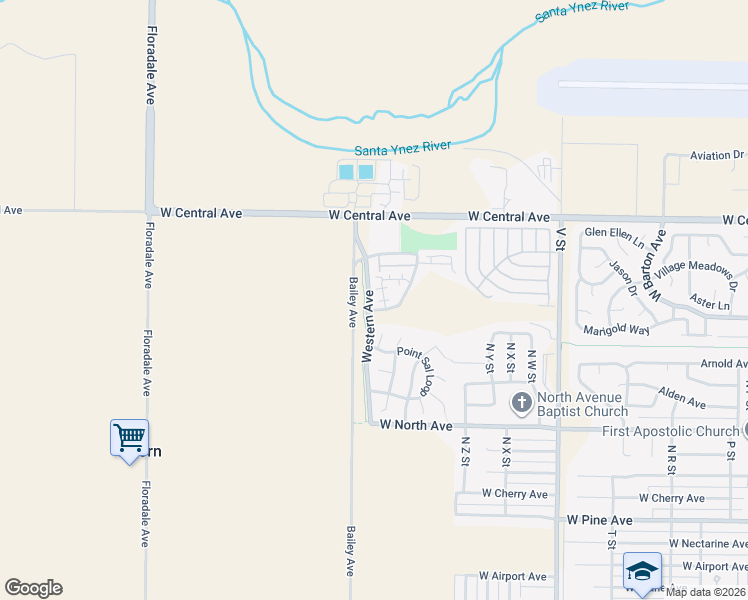 map of restaurants, bars, coffee shops, grocery stores, and more near 1213 Meridian Way in Lompoc
