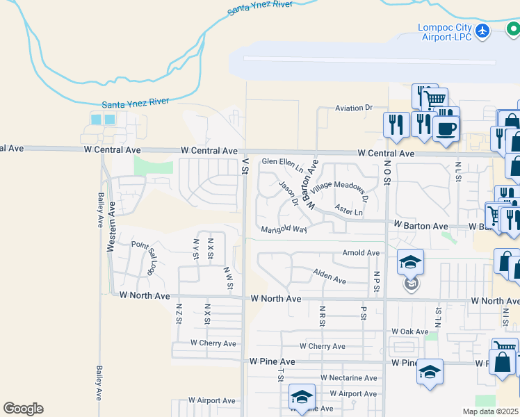 map of restaurants, bars, coffee shops, grocery stores, and more near 1340 Marigold Way in Lompoc