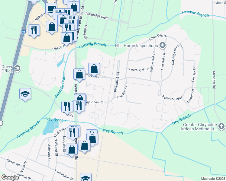 map of restaurants, bars, coffee shops, grocery stores, and more near 1005 Pine Run Drive in Lumberton