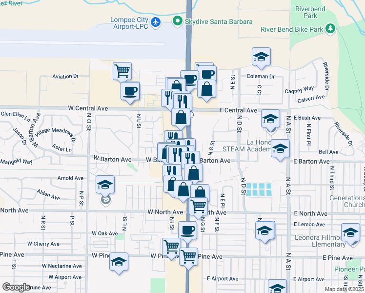 map of restaurants, bars, coffee shops, grocery stores, and more near 1201 North H Street in Lompoc