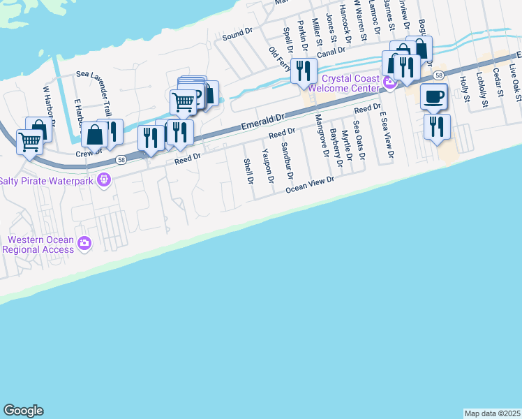 map of restaurants, bars, coffee shops, grocery stores, and more near 8713 Ocean View Drive in Emerald Isle