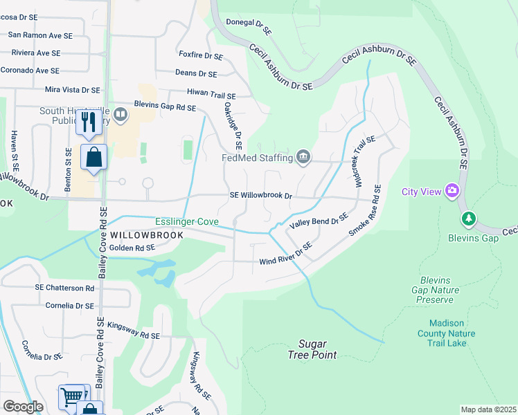 map of restaurants, bars, coffee shops, grocery stores, and more near 7902 Shadow Bend Drive Southeast in Huntsville