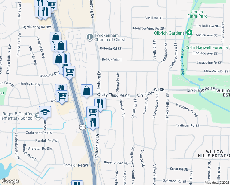 map of restaurants, bars, coffee shops, grocery stores, and more near 226 Lily Flagg Road Southeast in Huntsville