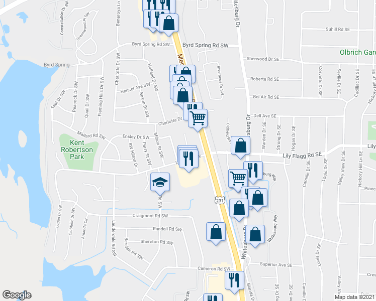 map of restaurants, bars, coffee shops, grocery stores, and more near 7916 Logan Drive Southwest in Huntsville