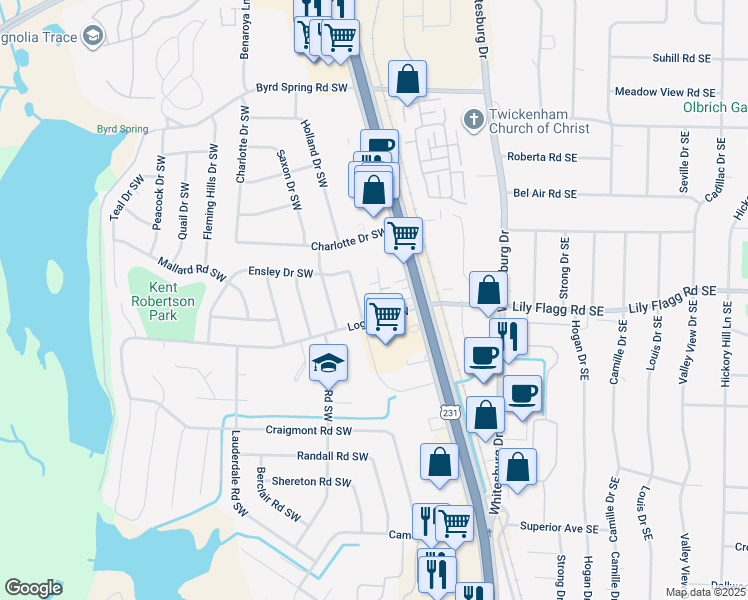map of restaurants, bars, coffee shops, grocery stores, and more near 7916 Logan Drive Southwest in Huntsville