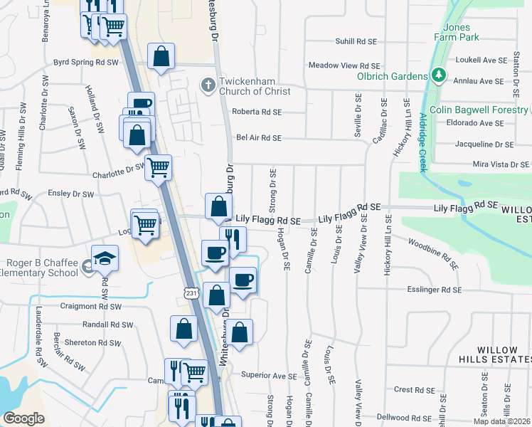 map of restaurants, bars, coffee shops, grocery stores, and more near 226 Lily Flagg Road Southeast in Huntsville