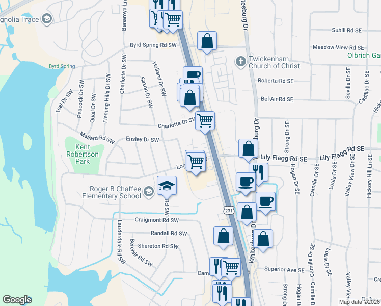 map of restaurants, bars, coffee shops, grocery stores, and more near 7916 Logan Drive Southwest in Huntsville